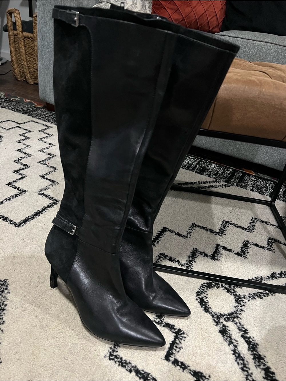 Lauren Ralph Lauren Black Leather and Suede Knee-High Pointed-Toe Boots